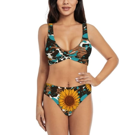 Zeuib Vintage Sunflowes High Waisted Tummy Control Bikini Set - Knot Front Push Up Top & Cheeky Thong Bottom  Two-Piece Swimsuit for Women-Large