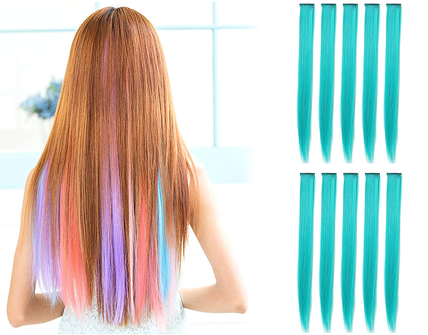 Turquesa Extensiones Set 10 Extensiones de Cabello Sintetico Onedor 23pulg Niña Mujer Azul ...