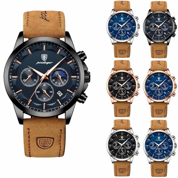 Resicozy Mens Watches Quartz Chronograph Wrist Watches Fashion Leather Strap Business Work Casual Sport Dress Watch with Calendar Gold Black