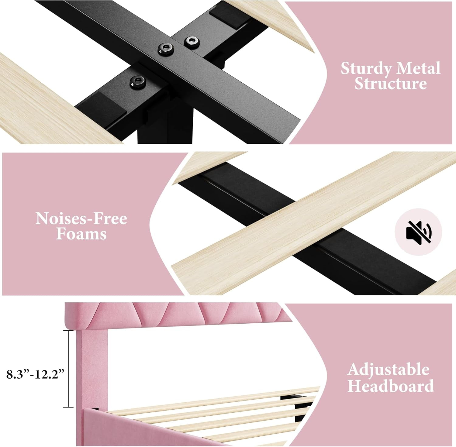 ChaoLink Twin Bed Frame with Upholstered Headboard, Wood Slat Platform, No Box Spring Needed, Noise-Free, Easy Assembly, Pink
