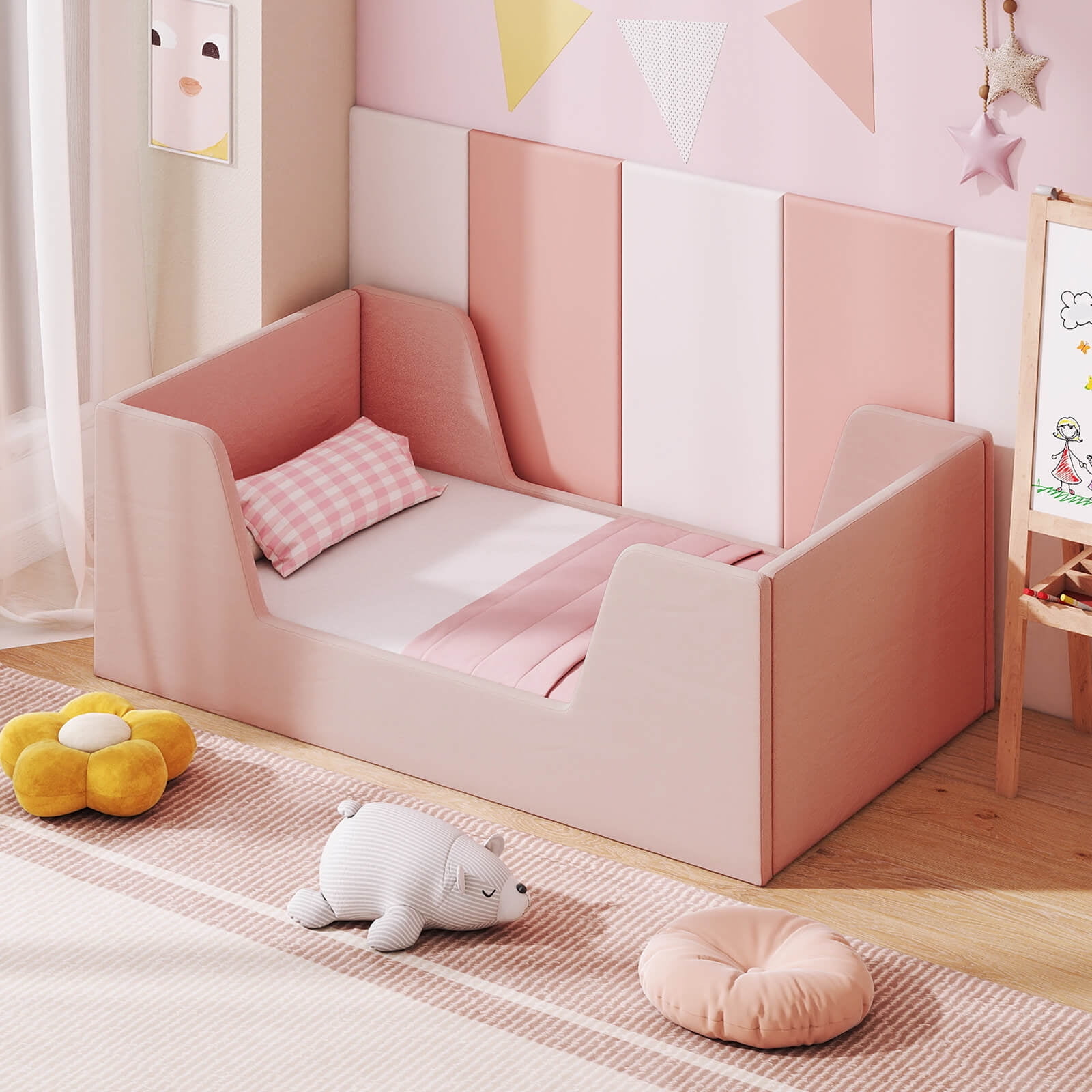 Costway Soft Velvet Fabric Upholstered Children Floor Bed with Safety Rails & Headboard Pink