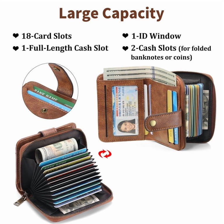 GAEKEAO Small Leather Women's Wallet – RFID Blocking, Bifold With Double Zipper Pockets, 18 Card Slots & 2 ID Windows