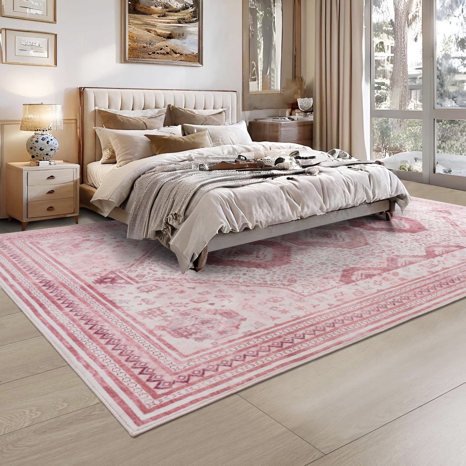 Wondo 4x6 Area Rugs for Living Room, Washable Area Rug, Rugs for Bedroom, Kitchen Rugs, Vintage Boho Carpet, Soft Non-Slip, Low Pile Area Rug for Office Dining Room, Pink