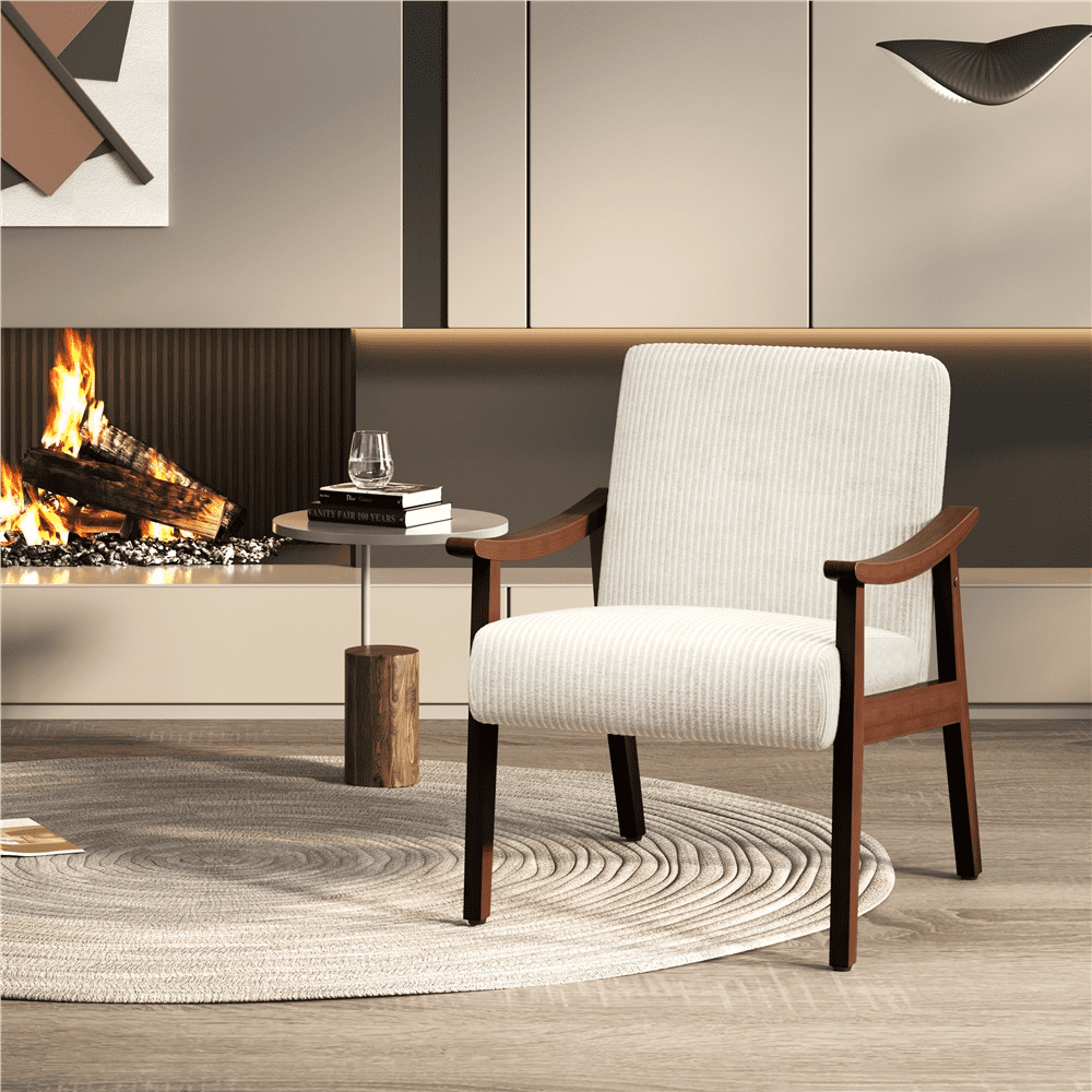 Renwick Mid-Century Modern Corduroy Fabric Armchair with Solid Wood Legs, Beige
