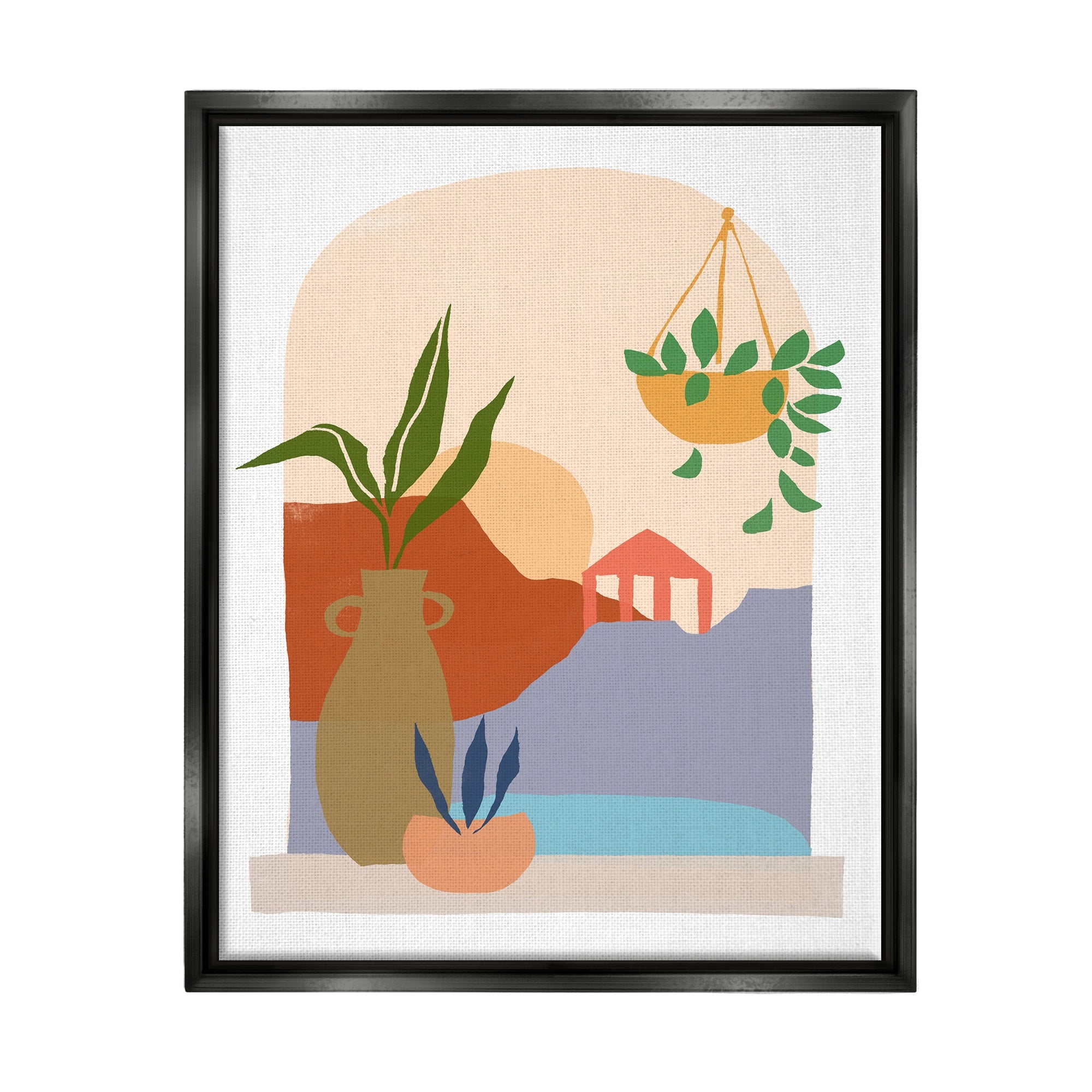 Stupell Industries Bold Hanging Potted Plants Windowsill Landscape Scene Graphic Art Jet Black Floating Framed Canvas Print Wall Art, Design by June Erica Vess