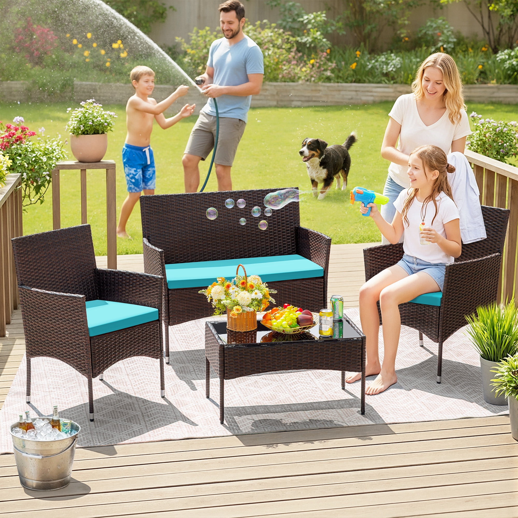 Homall 4 Pieces Patio Conversation Set Outdoor Furniture Rattan Chairs Wicker Seating with Cushion and Table Weather-resistant for Porch Garden Backyard, Blue /Beige