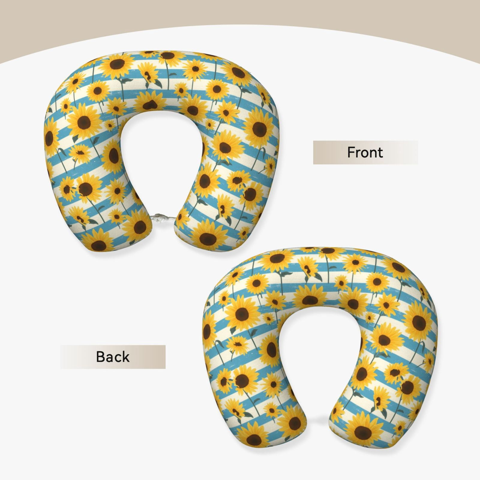 Xecao White Blue Striped Sunflower Print Memory Foam Cervical Neck Pillow Versatile U-Shaped Pillows for Home,Office,Camping,Travelling,Soft Washable Cover