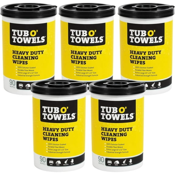 Tub O Towels TW90 Heavy-Duty 10" x 12" Size Multi-Surface Cleaning Wipes, 90 Count Per Canister 5 Pack