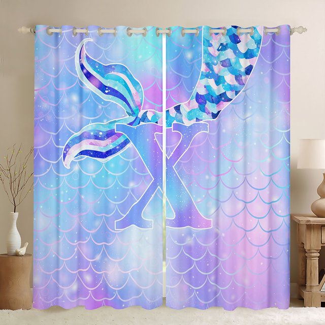Erosebridal Rideaux Monogrammes pour Adolescents pour Salon, Kawaii Sirène 30 %-50 % Rideaux Occultants Ensemble de 2 (42x84), Décor Queue de Poisson Rêveur