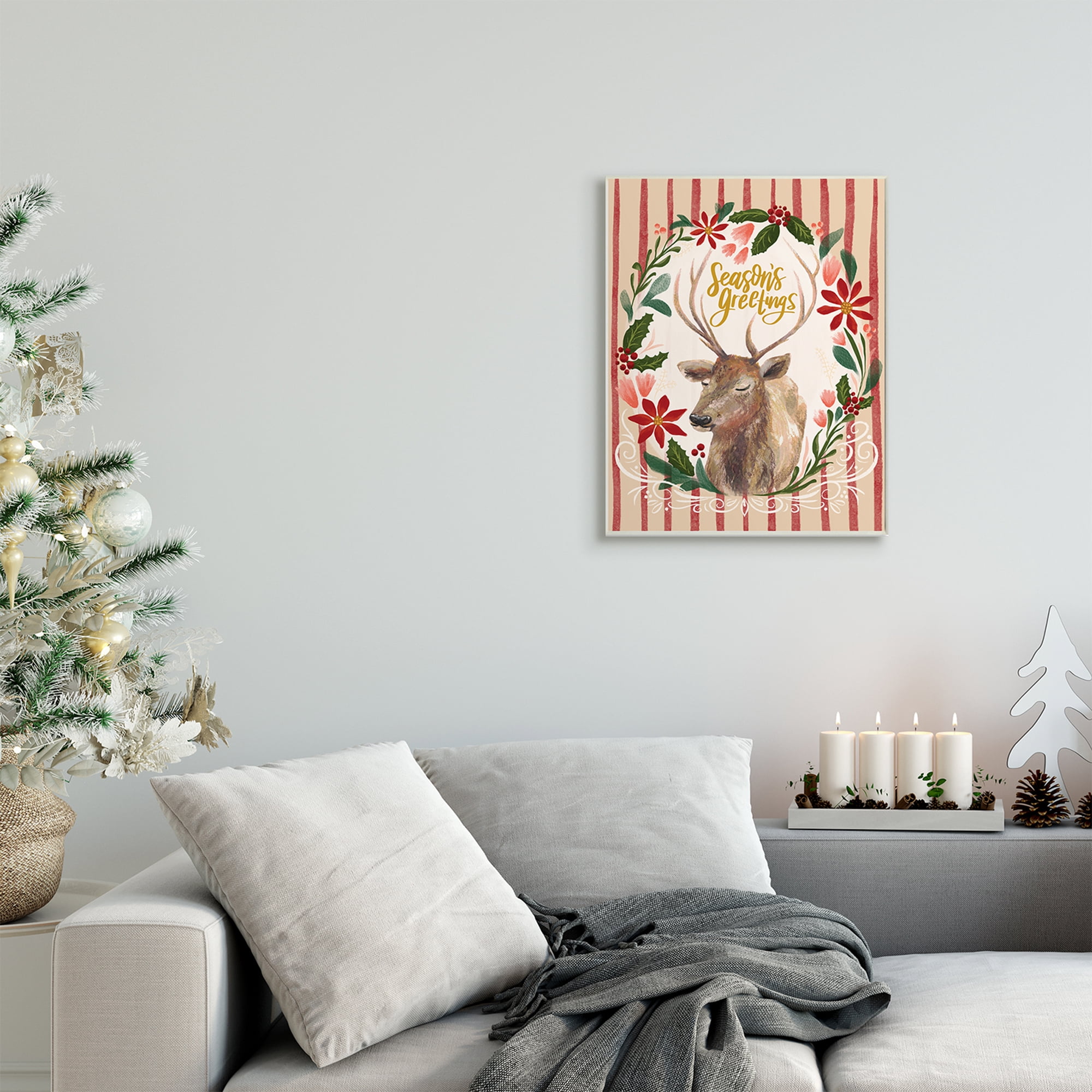 Stupell Industries Seasons Greetings Holiday Wreath Soft Reindeer Portrait Animals & Insects Painting Unframed Art Print Wall Art, 13 x 19