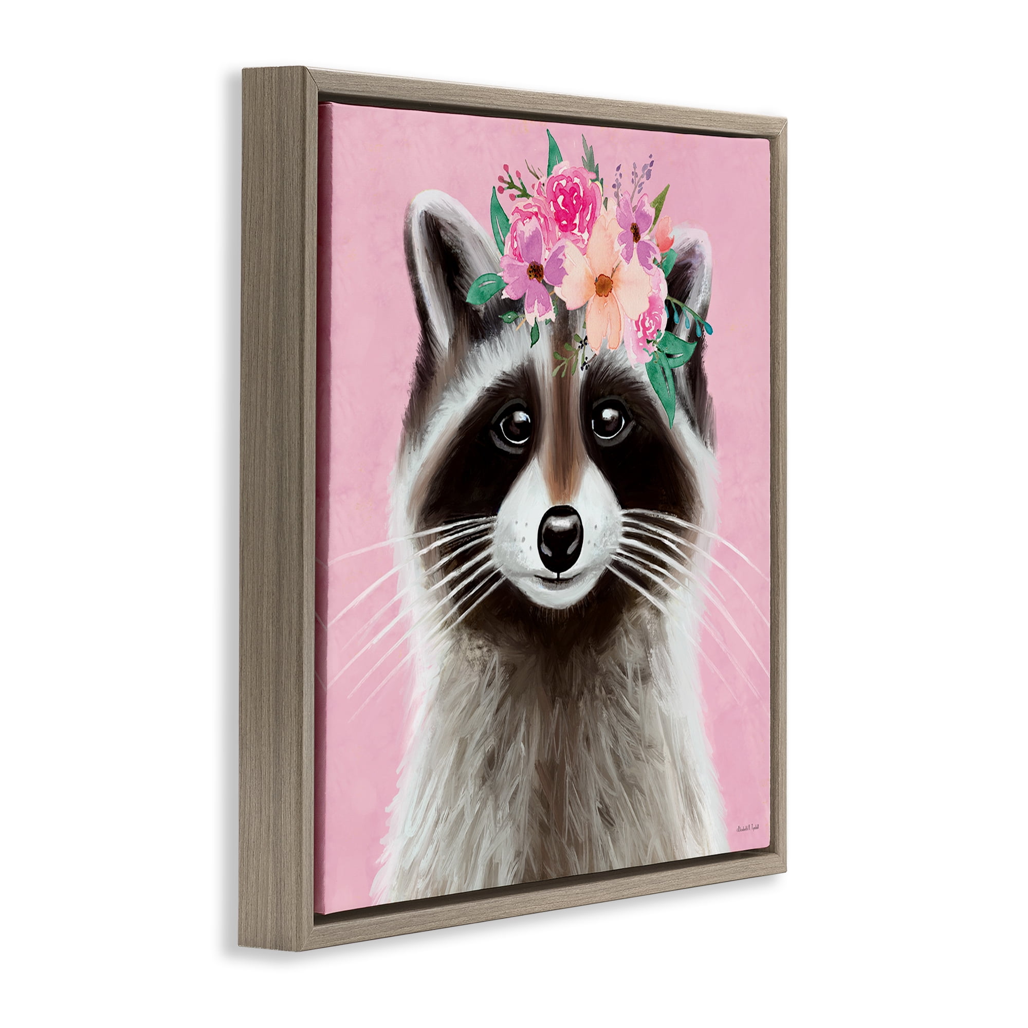 Stupell Industries Pink Florals Raccoon Animals & Insects Painting Brown Floater Framed Canvas Art Print Wall Art, 25 x 25