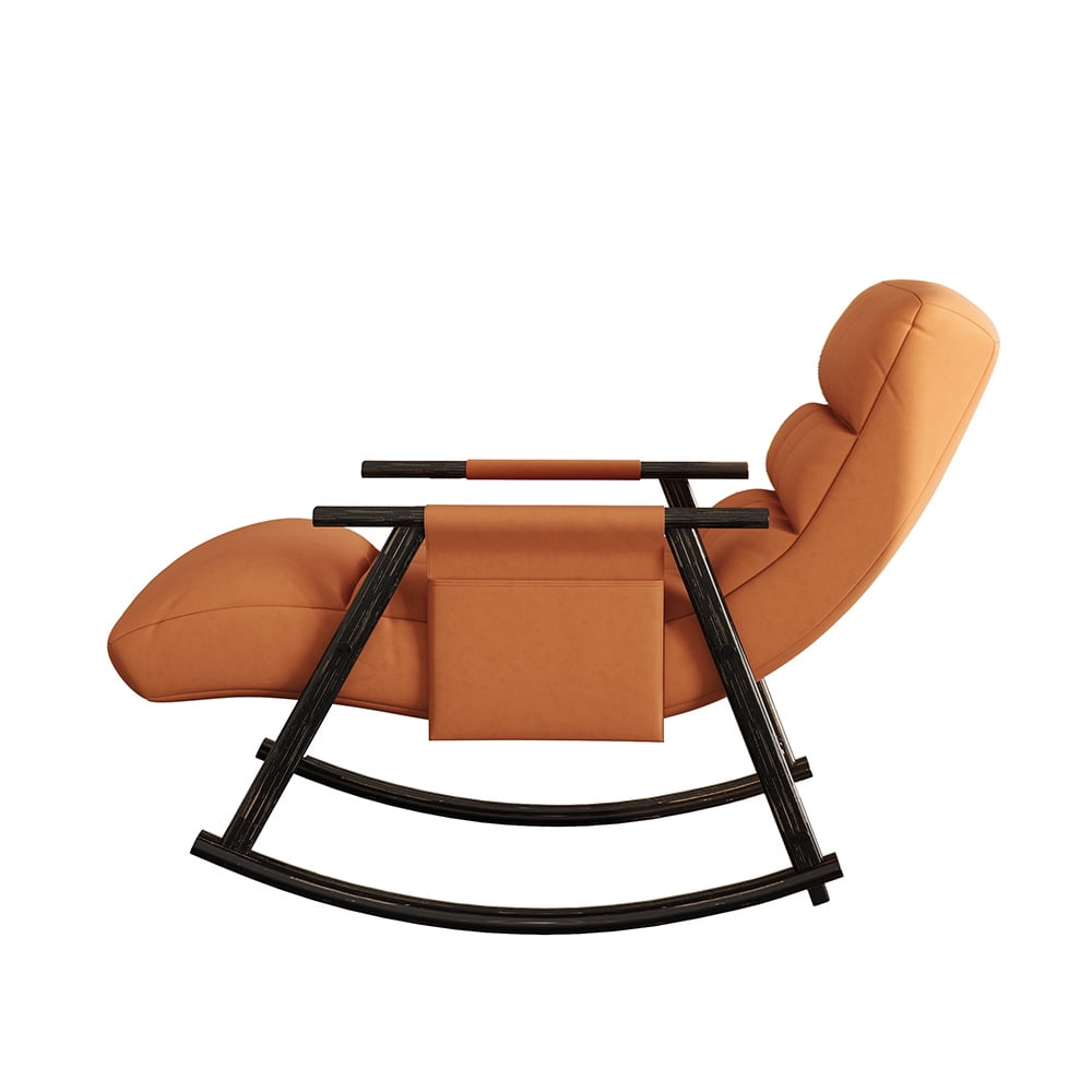 Accent Folding Rocking Recliner Chair with Side Pocket, Upholstered Nursery Glider Chair with 5 Adjustable High Back for Living Room Bedroom Balcony, Orange