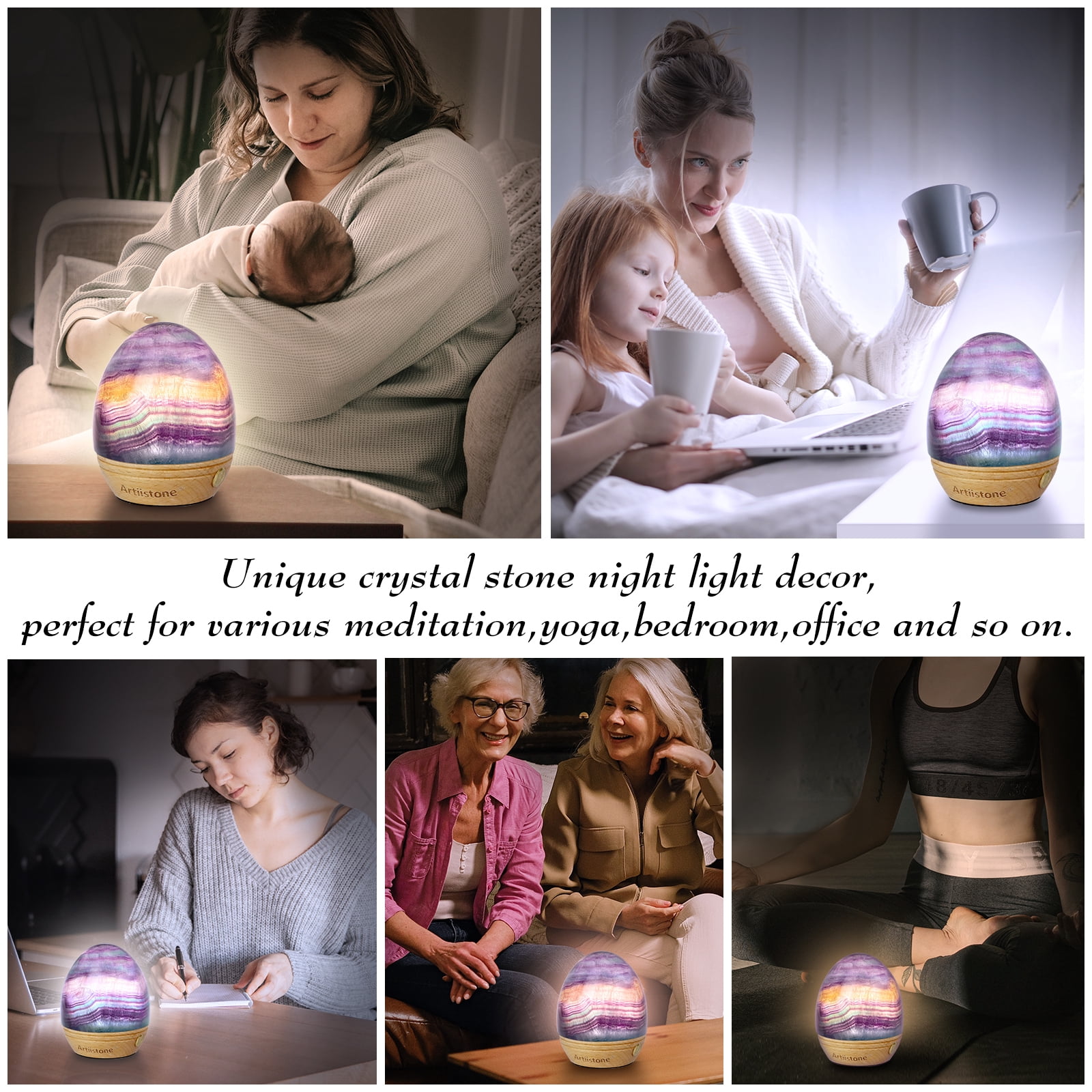 Artistone Egg-Shaped Rainbow Fluorite Crystal Night Light Carved Gemstone USB Rechargeable Lamp