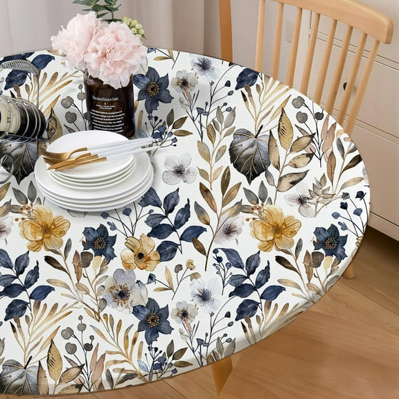 Round Tablecloth Fitted Elastic Edge Patio Table Covers Wrinkle Resistant Polyester Table Cloth for Picnic Camping Indoor and Outdoor，Vintage Floral and Leaf 44