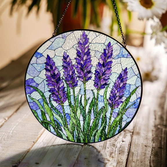 Lavender Stained Glass Suncatcher Handcrafted with Purple Flowers Ideal Gift for Garden Lovers 1858062548