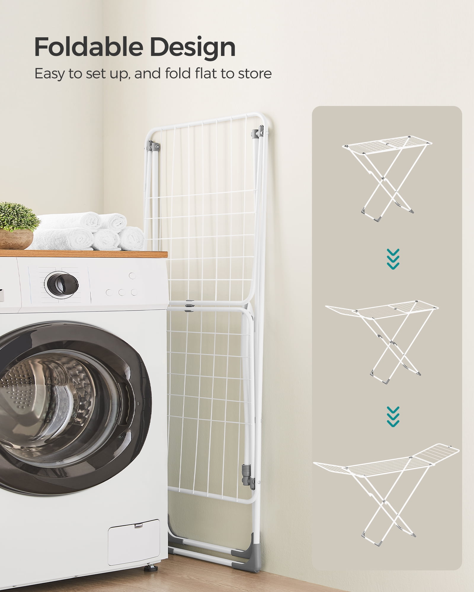 SONGMICS Clothes Drying Rack Metal Laundry Drying Rack Foldable Space-Saving Free-Standing Airer with Gullwings Indoor Outdoor Use White