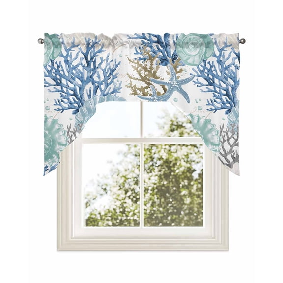 Blue Teal Coastal Kitchen Curtains Swag Valance for Windows/Bathroom/Cafe, Summer Beach Nautical Coral Starfish Rod Pocket Drape Panel Swag Curtains Valance for Bedroom/Living Room 56"x36"