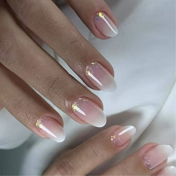 24pcs Short Length Almond Nails Glitters French Styles Press on Nails Glossy Oval False Nails For Fashionable Women
