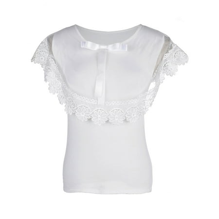 Lace Satin Bow Top - S/M Fit White Laced Sheer Overlay Middle Satin Bow Cap Sleeve Top