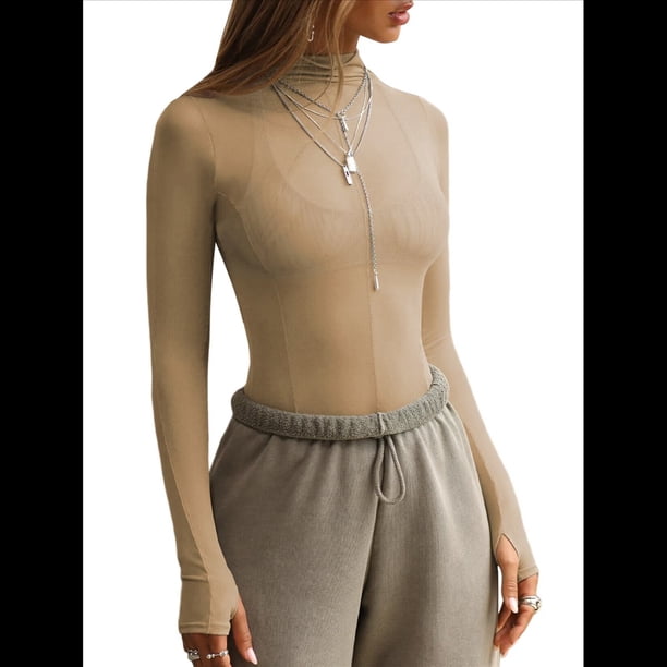Blusa de Larga de para Mujer, Blusa de Encaje Transparente con Cuello Alto y Bordado Floral. Albaricoque M