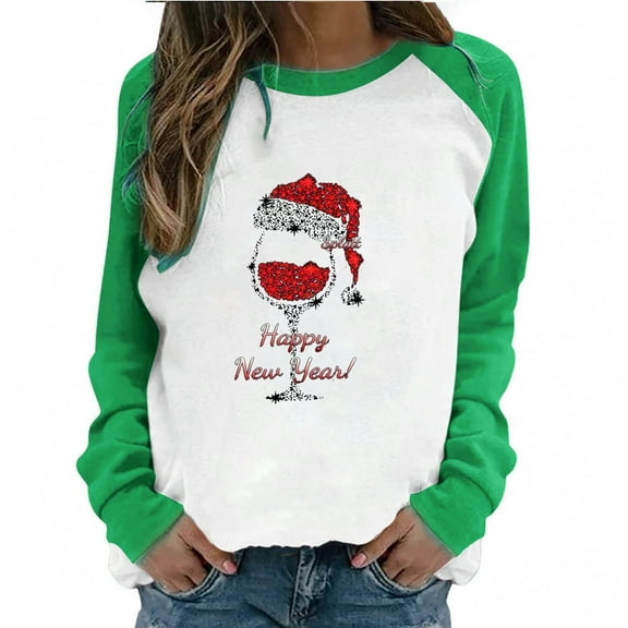 Cyber and Monday Deals Dianli Merry Christmas Tops Long Sleeve Round Neck Christmas Hat Wine Glass Print Women Tops Blouses Fashion Casual Loose Fit Blouse Pullover Comfortable Y2K Going Out Tops