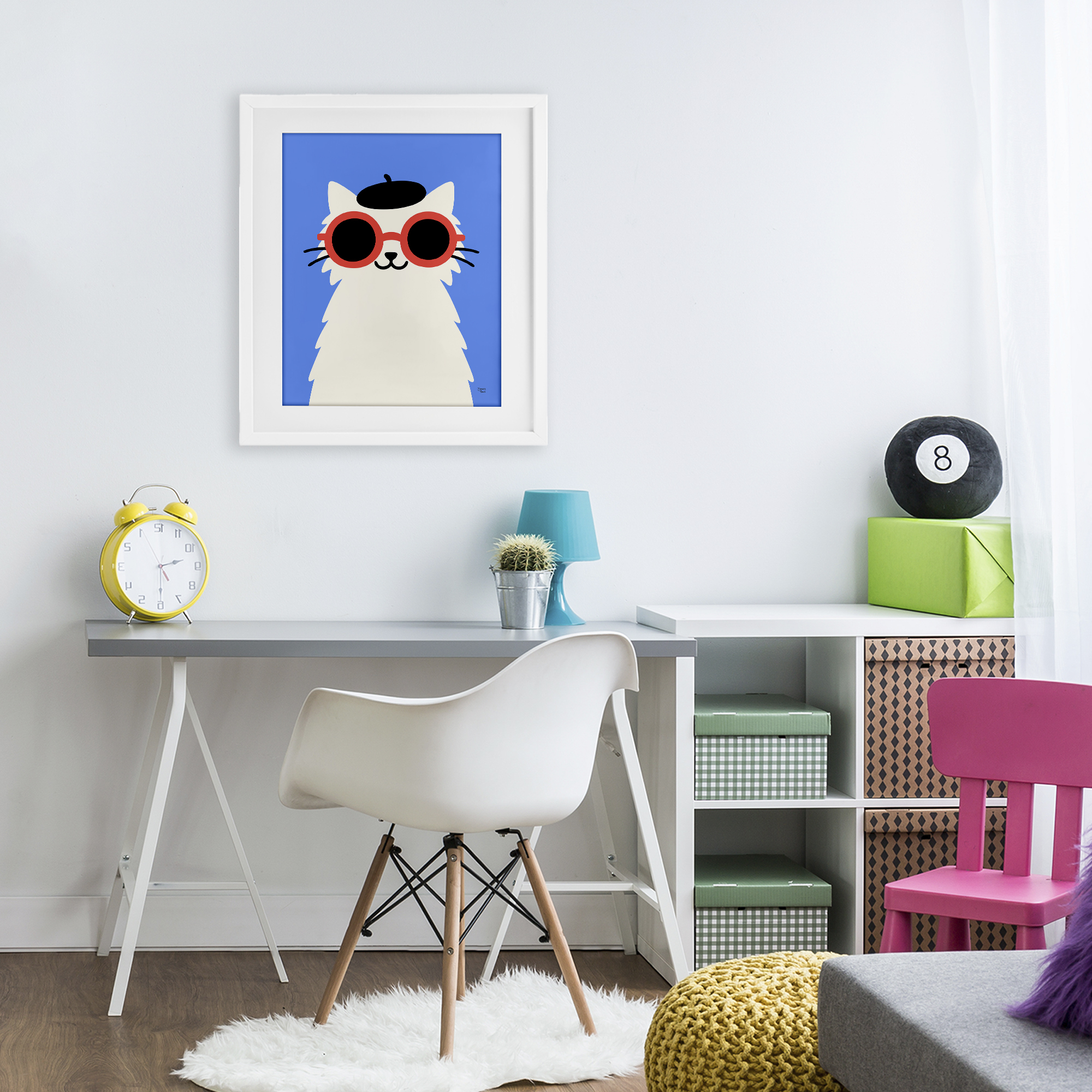 Stylish French Cat White Framed Print Under Glass, design by Jessica Beck