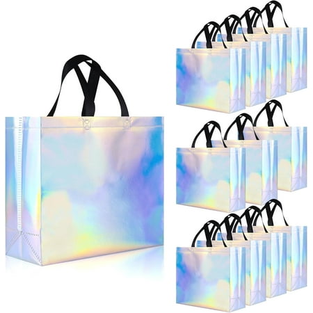 12 Pcs Iridescent Gift Bags with Handles & Sturdy Bases, 12.6x4.7x11 In Non-woven Reusable Bags Bulk for Presents, Birthday, Wedding, Holiday, Party