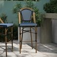 thumbnail image 6 of Emma + Oliver Set of Two 30" High Stacking Bistro Bar Stools with Navy and White PE Seat and Back and Bamboo Finished Metal Frame for Indoor/Outdoor Use, 6 of 12