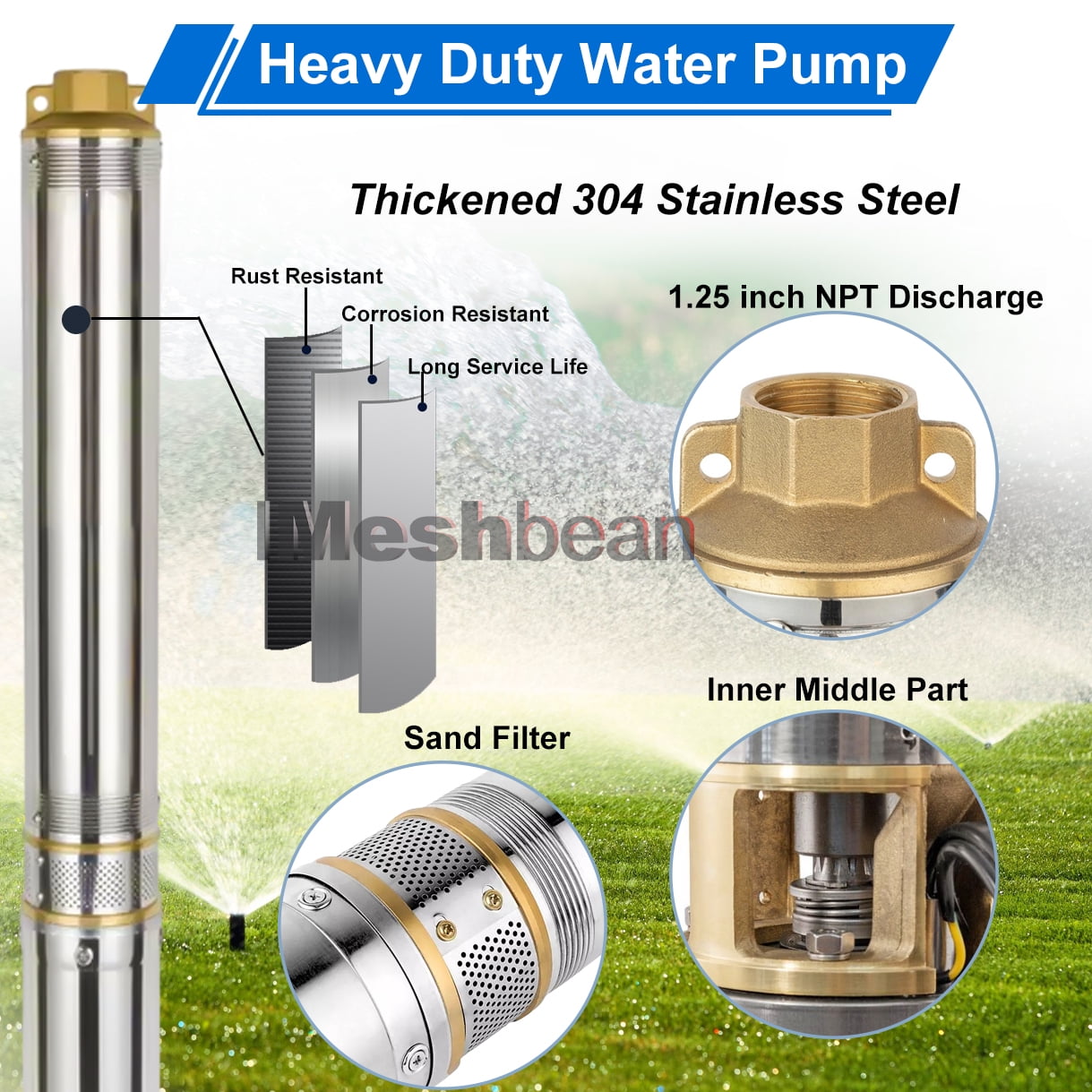 iMeshbean 3" Deep Submersible Well Pump 3/4 HP Submersible Well Pump 110V 13GPM Water Pump 247ft Head with 100ft Electric Cable Stainless Steel Water Well Pumps Submersible