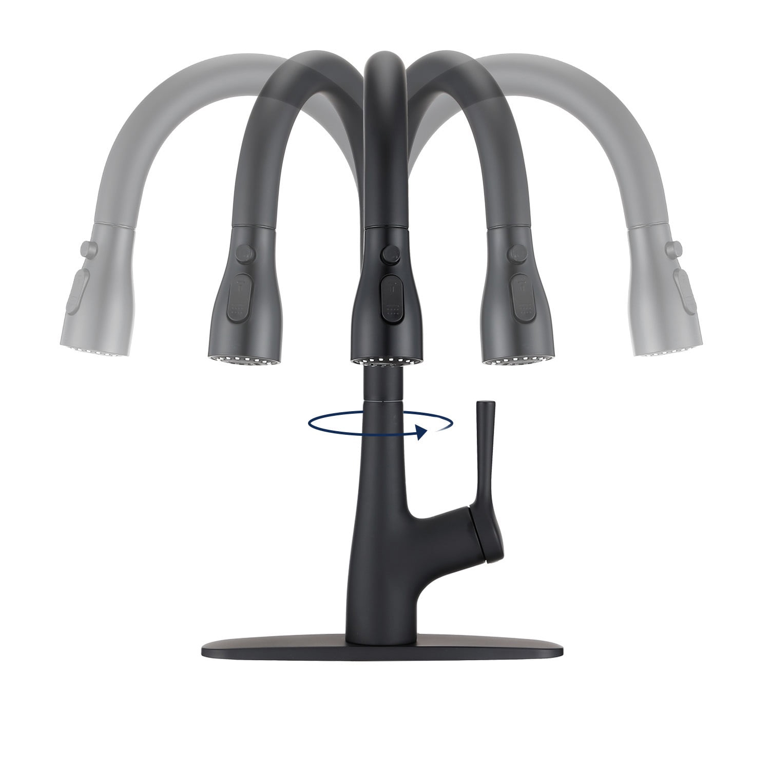 Izzovium Single Handle Pull Down Kitchen Sink Faucet Matte Black, High Arc Swivel Spout with 3-Function Sprayer, 15.87" Height, 8.03" Spout Reach, Scratch & Rust Resistant, Brass Construction
