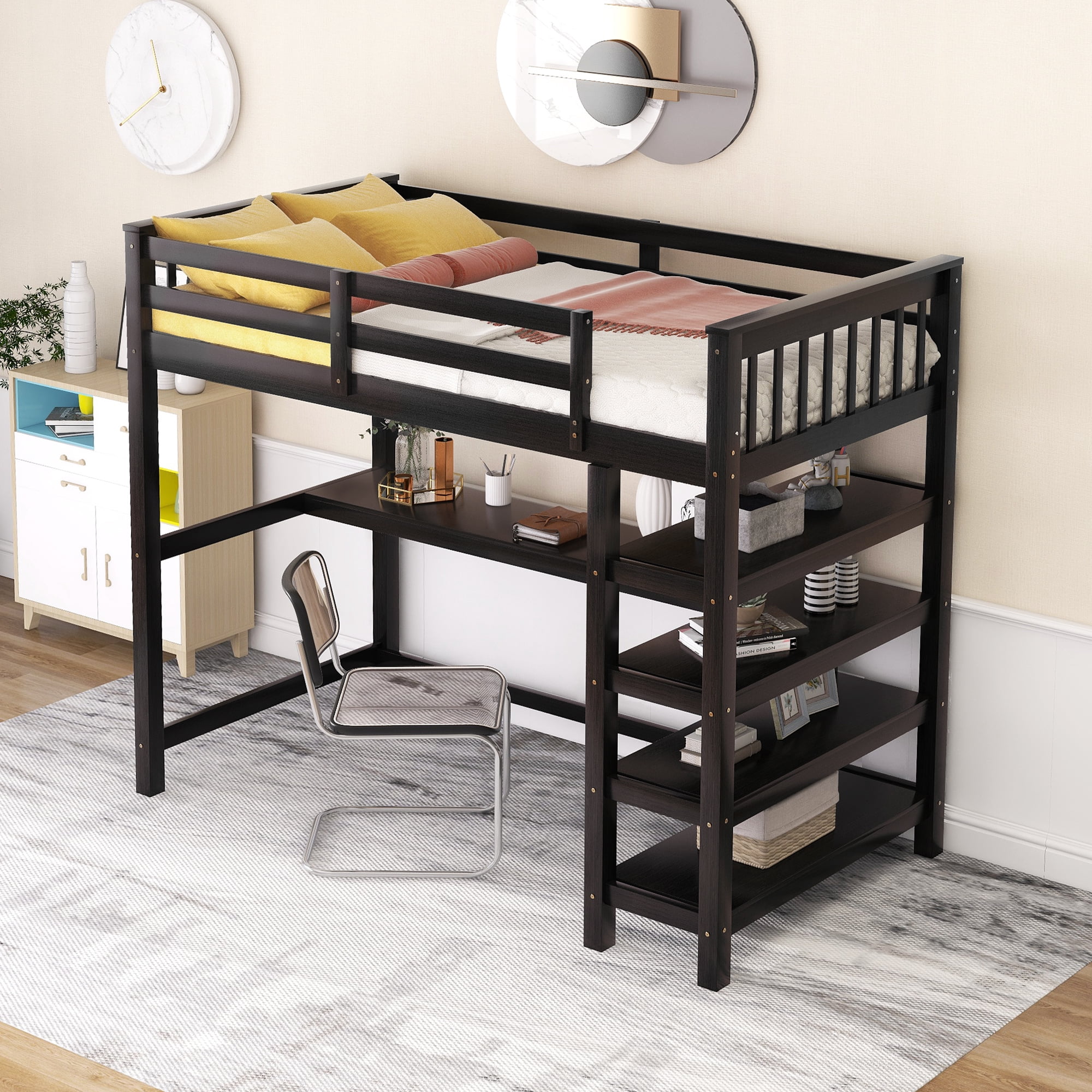 Euroco Wood Twin Loft Bed with Desk for Kids, Espresso