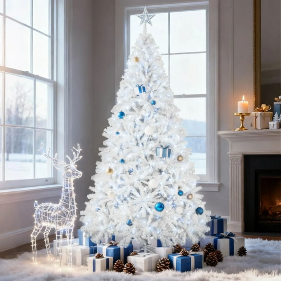 7.5FT Prelit Christmas Tree, Full Xmas Pine Tree with 1300 Branch Tips 400 Cold Warm Light for Holiday Indoor Outdoor Decoration, White