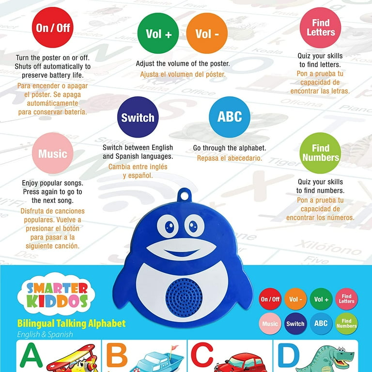 Bilingual Talking Poster Music ABC 123s Eng Spanish Songs Perfect educational toys for 2 year olds and learning toys for 3 year olds