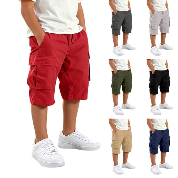 Tisuna Cargo Shorts For Boys Kids Breathable Elastic Waist Pocket Shorts Solid Color Hiking Athletic Casual Shorts Size 5-6 Years Red