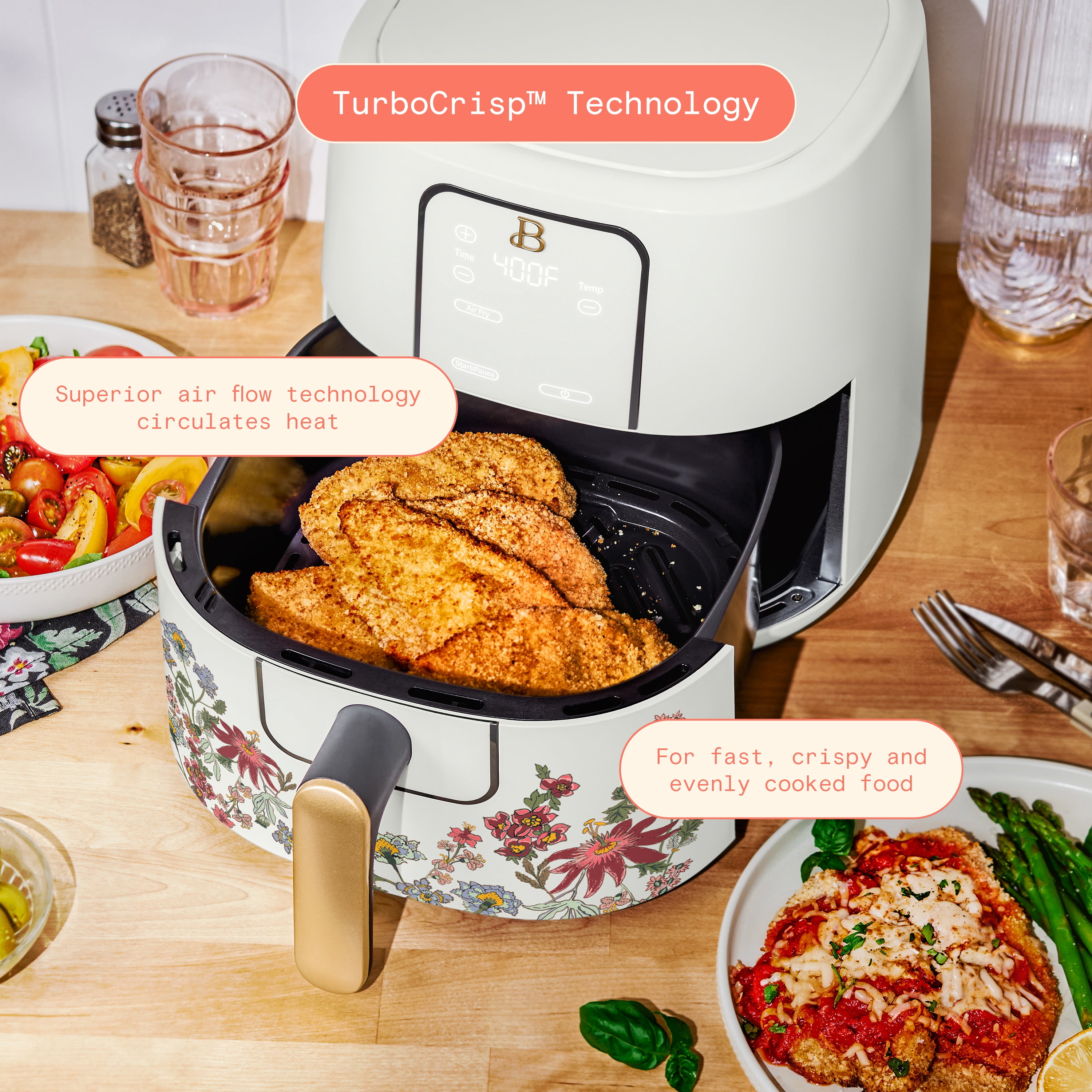 Beautiful 6 Qt Air Fryer with TurboCrisp Technology, EverGood Ceramic Nonstick Coating, Wildflower White Icing by Drew Barrymore