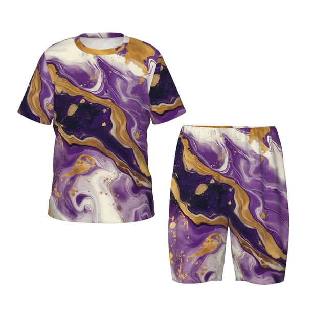Balery Purple Gold Marble Swirls Conjunto de Pijama Infantil de Manga Corta con Estampado – Ropa de Dormir de Algodón Suave-Large