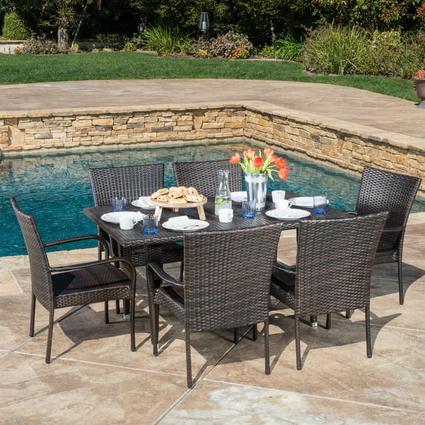 Brown Outdoor Wicker 7 Piece Dining Set, Wicker Patio Dining Set With Bench