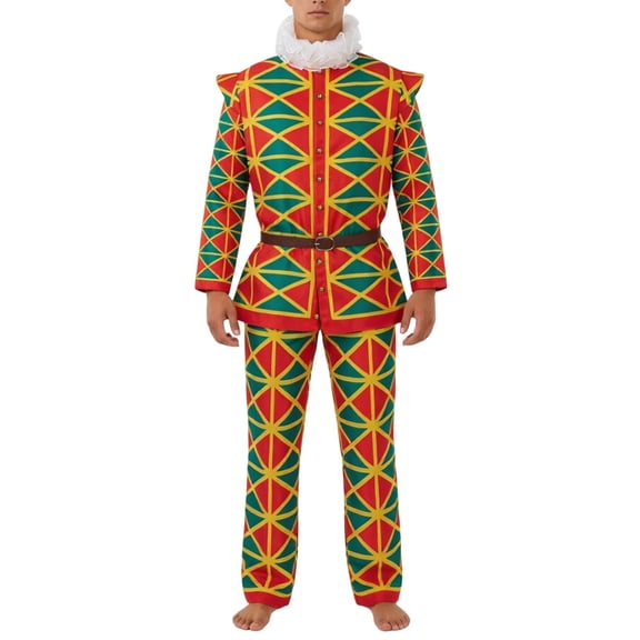 Men 4-Piece Set Geometric Print Shirt with Matching Pants, Collar and Belt Dress Up Outfit for Men
