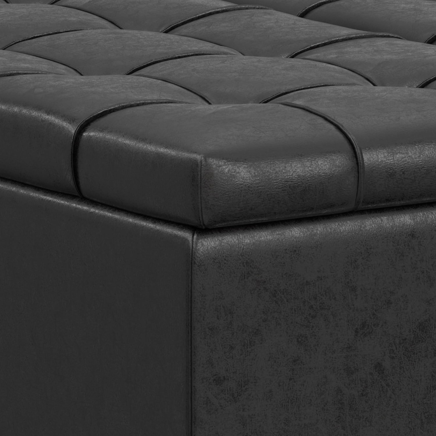 Simpli Home Harrison 40 inch Wide Transitional Square Large Coffee Table Storage Ottoman in Distressed Black Vegan Faux Leather