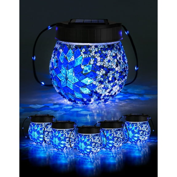 6 Pack Outdoor Mosaic Solar Lights, Solar Hanging Lanterns Christmas Halloween Gifts, Waterproof Glass Globe Lights, Garden Patio Decor for Yard, Tree, Balcony, Cold
