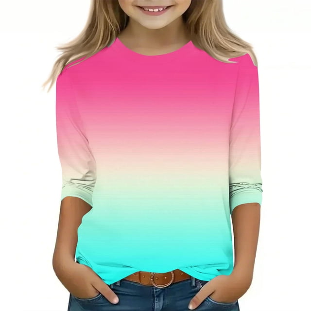 Dealovy Chemises pour Filles Manches 3/4 Couleur Dégradée Printemps Été Ample Décontracté Mignon Col Rond Tuniques