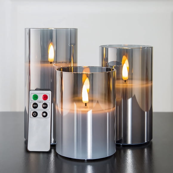 Velas sin llama Eywamage de cristal gris ahumado con mando a distancia, juego de 3