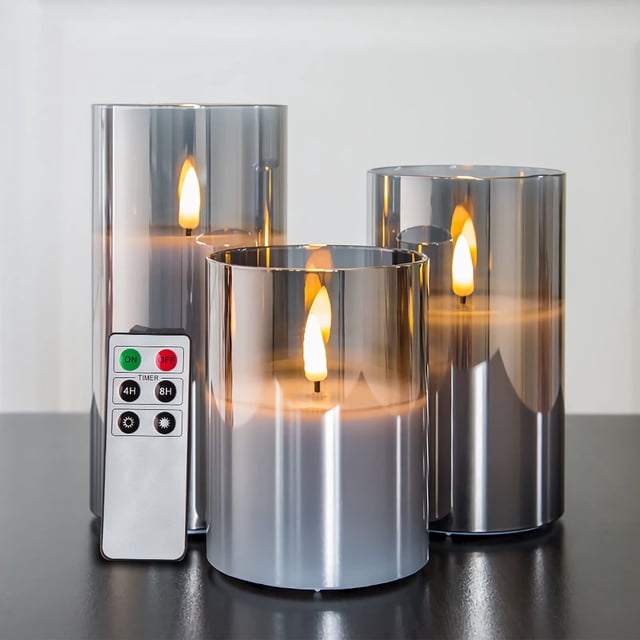Velas sin llama Eywamage de cristal gris ahumado con mando a distancia, juego de 3