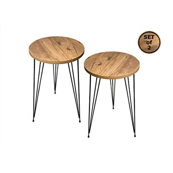 Set of 2 END Table - PAK Home Round Wood Sofa Side Tables for Small Spaces, Nightstand Bedside Table with Metal Legs for Bedroom, Living Room, Pine Wood