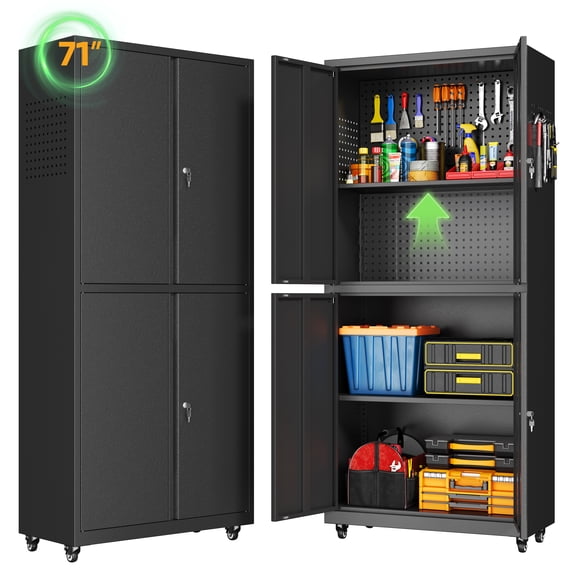 Garage Storage Cabinet with Wheels, 71" H Metal Tool Storage Cabinet with Adjustable Shelves and Doors for Utility Room,Workshop,Black