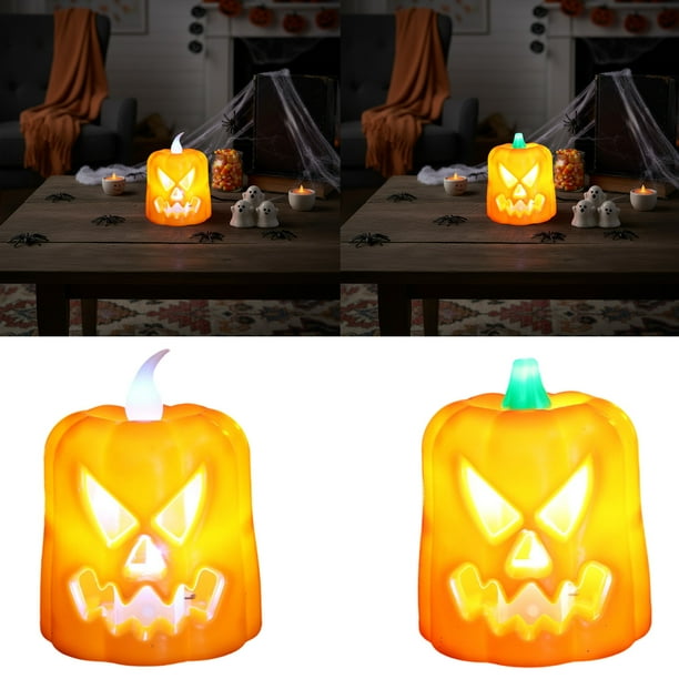Farol de calabaza de Halloween | Decoración con luz de vela LED | Lanterna Electrónica Luminosa | Plástico naranja | Reutilizable | 1 Lámpara | 7,5x5x5cm | Decoración de la fiesta