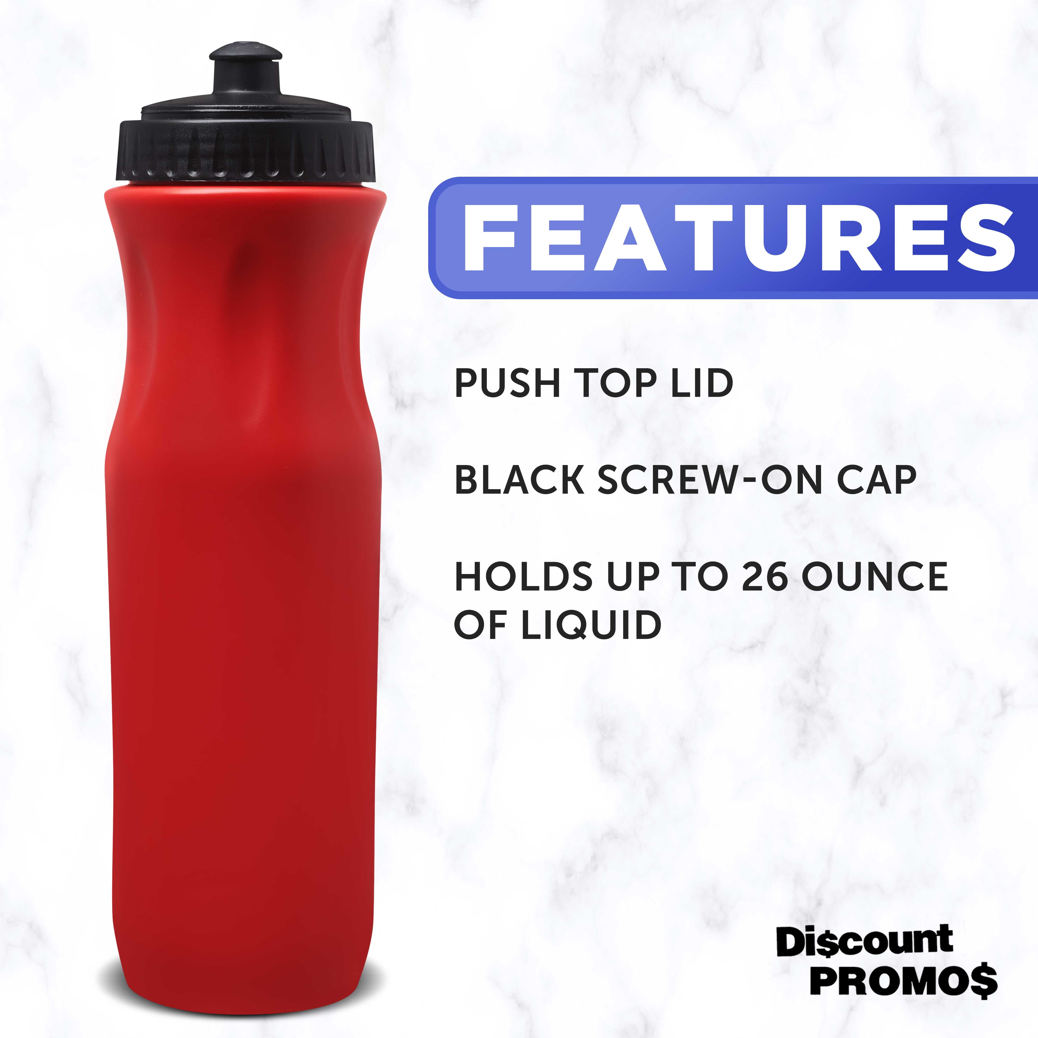 10 Plastic Water Bottles Set, 26 oz. - Black Push Top Lid - Red