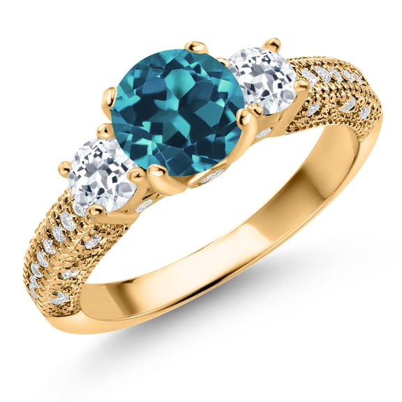 18K Yellow Gold Plated Silver London Blue Topaz White Topaz and White Moissanite Engagement Ring for Women | 2.44 Cttw | Round 7MM and 4MM | Wedding Engagement Anniversary Ring | Size 5