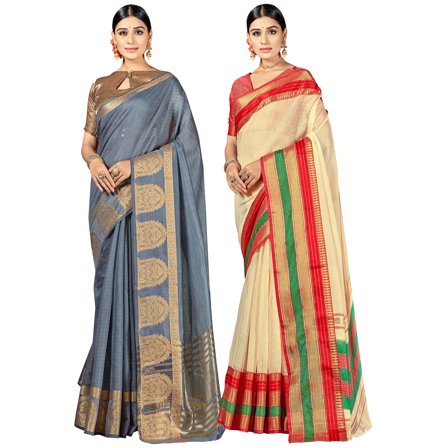 Pack of Two Saree for Women Cotton Silk Woven Sarees | Indian Wedding Ethnic Diwali Gift Sari Combo