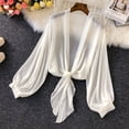 thumbnail image 2 of TGPMGRZ Womens Chiffon Tie Knot Bolero Cardigan Summer Long Sleeve Lightweight Open Front Cover Up Crop Shawl Tops White Size S, 2 of 6